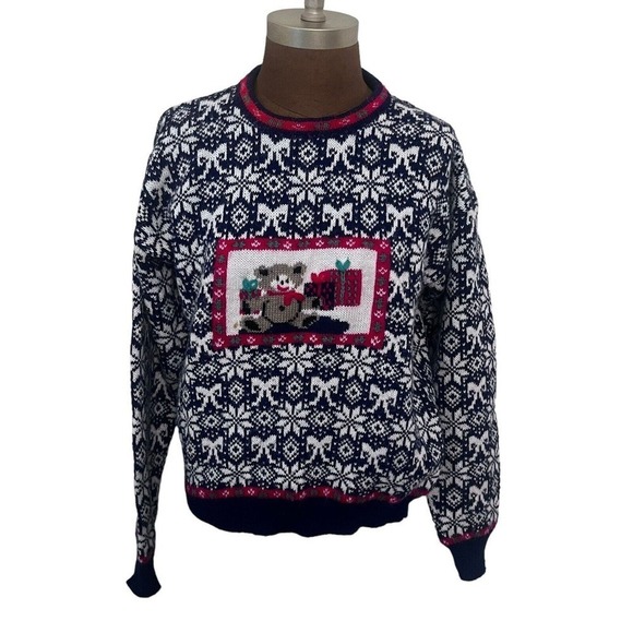 Vintage 80s Northern Isles Nordic Christmas Teddy Bear Sweater Large - Picture 1 of 6
